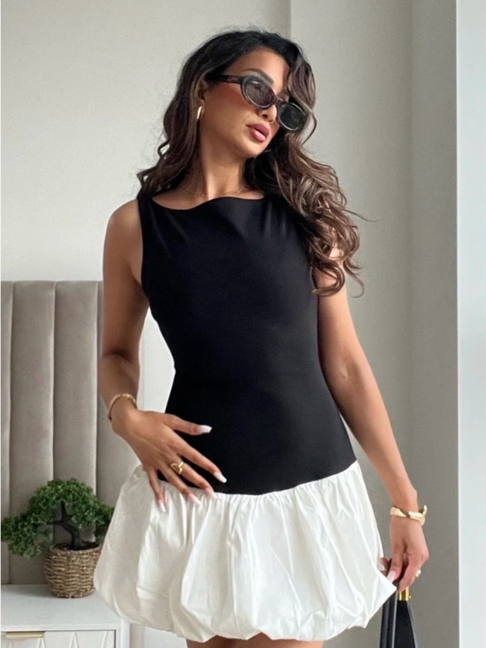 Fashion Nova Black Tank Top with White Bubble Hem
